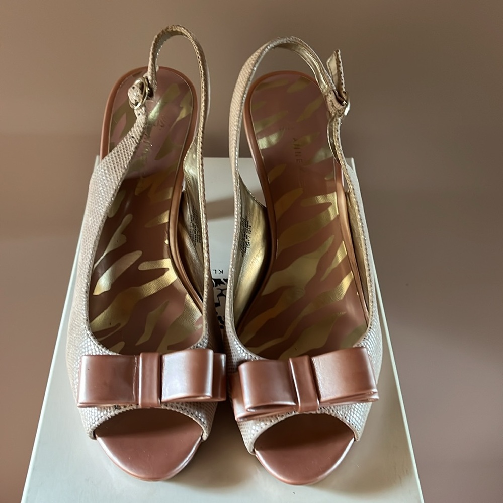 Anne Klein Cream and Brown Peep-Toe Slingbacks with Bow Accent